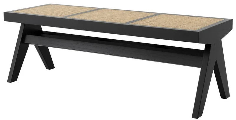 Casa Padrino Luxus Sitzbank Schwarz / Naturfarben 136 x 46 x H. 47 cm - Massivholz Bank mit handgewebtem Rattangeflecht - Luxus Möbel