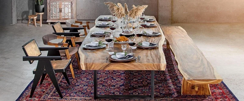 Casa Padrino Luxus Esstisch Naturfarben / Schwarz 400 x 100-120 x H. 76 cm - Rechteckiger Küchentisch mit Massivholz Tischplatte - Esszimmer Möbel - Küchen Möbel - Luxus Möbel - Luxus Einrichtung