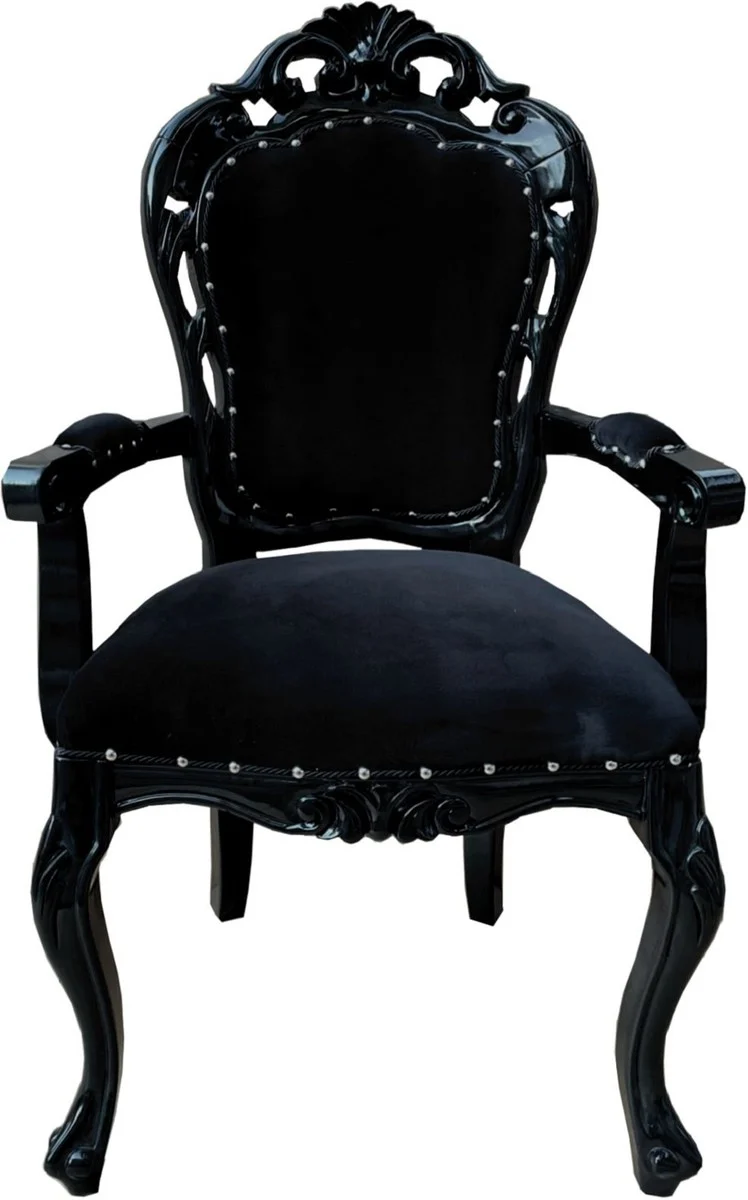 Casa Padrino Barock Esszimmerstuhl Schwarz - Handgefertigter Antik Stil Stuhl mit Armlehnen und edlem Samtstoff - Esszimmer Möbel im Barockstil
