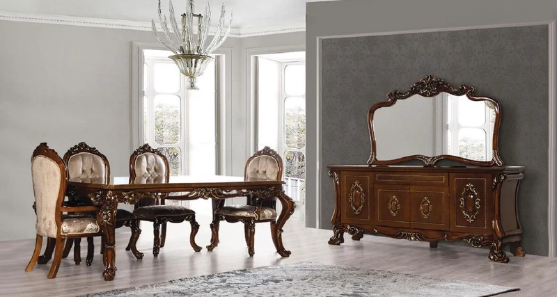 Casa Padrino Luxus Barock Esszimmer Set Grau / Braun / Gold - 1 Barock Esstisch & 6 Barock Esszimmerstühle - Esszimmer Möbel im Barockstil - Edel & Prunkvoll