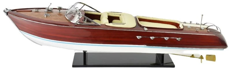 Casa Padrino Luxus Deko Speedboot mit Massivholz Ständer 87 x H. 26 cm - Handgefertigtes Deko Boot - Holzboot - Modellboot - Rennboot