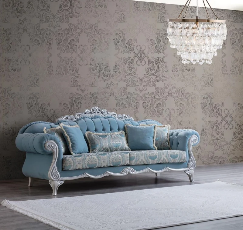 Casa Padrino Luxus Barock Wohnzimmer Sofa mit dekorativen Kissen Hellblau / Grau 237 x 90 x H. 105 cm - Barock Möbel - Edel & Prunkvoll