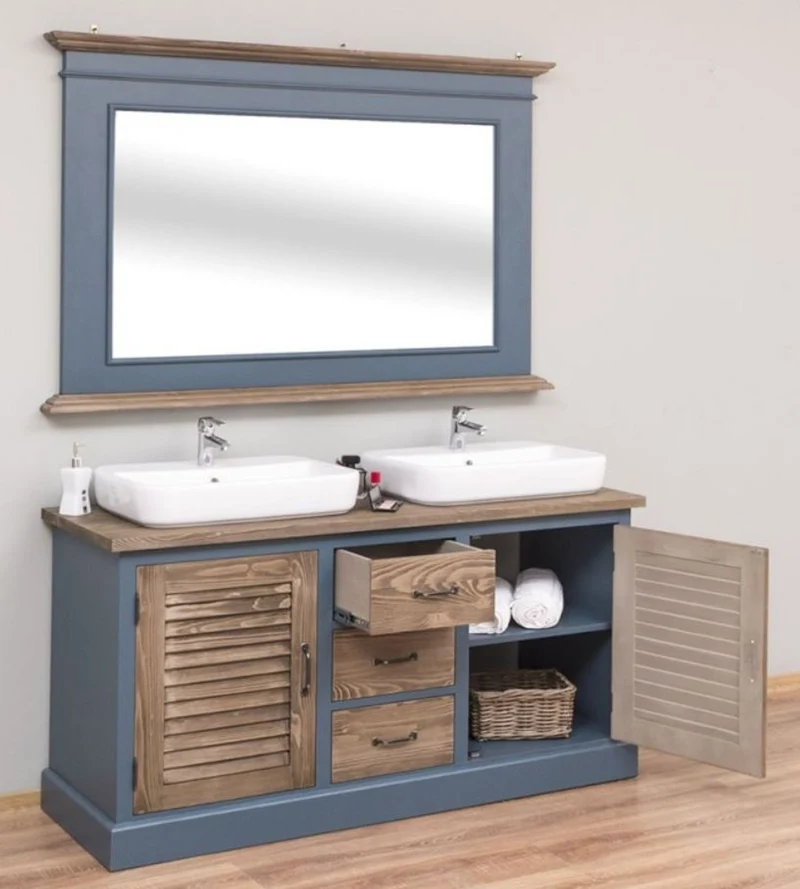 Casa Padrino Landhausstil Badezimmer Set Blau / Braun - 1 Doppelwaschtisch & 1 Wandspiegel - Landhausstil Badezimmer Möbel
