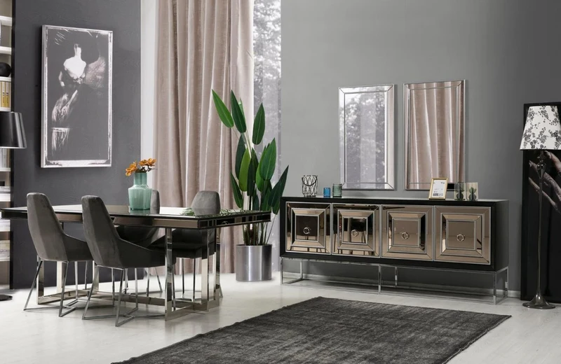 Casa Padrino Luxus Sideboard mit 4 verspiegelten Türen Schwarz / Silber 208 x 49 x H. 88 cm - Luxus Wohnzimmer Möbel