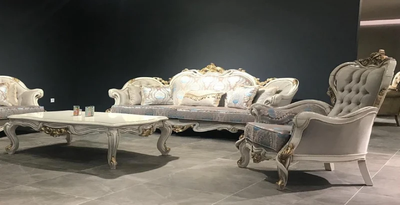 Casa Padrino Luxus Barock Wohnzimmer Set Grau / Türkis / Weiß / Gold - 2 Barock Sofas mit Muster & 2 Barock Sessel mit Muster & 1 Barock Couchtisch - Barock Wohnzimmer Möbel