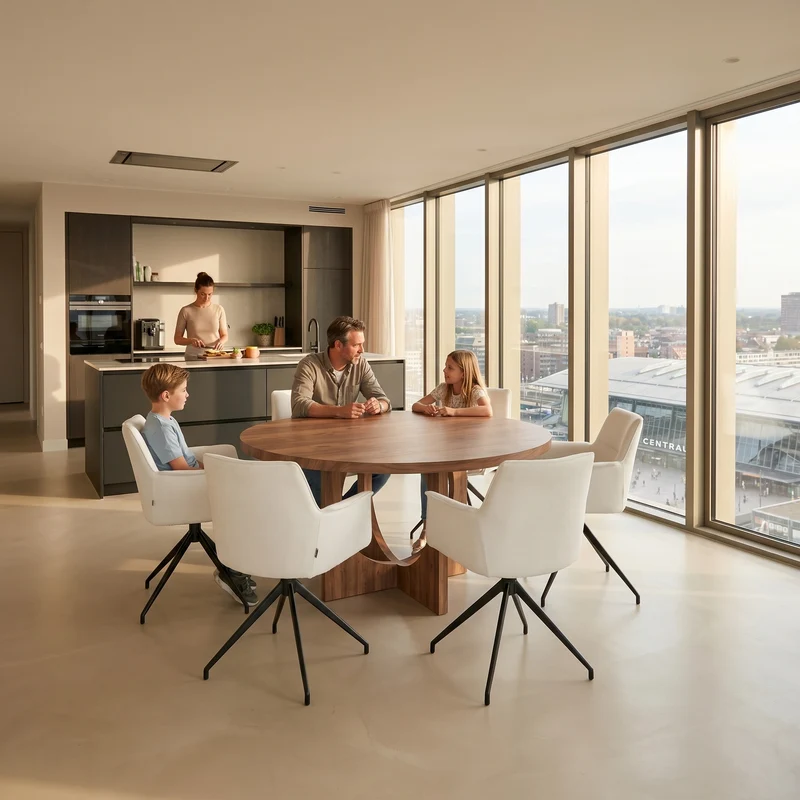 Walnoot houten eettafel - Rond - Flux walnoot onderstel