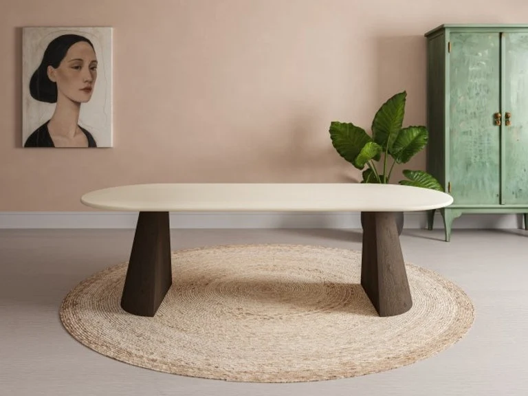 HPL eettafel Seashell - Plat Ovaal - 2 Halfcones eiken - Japandi
