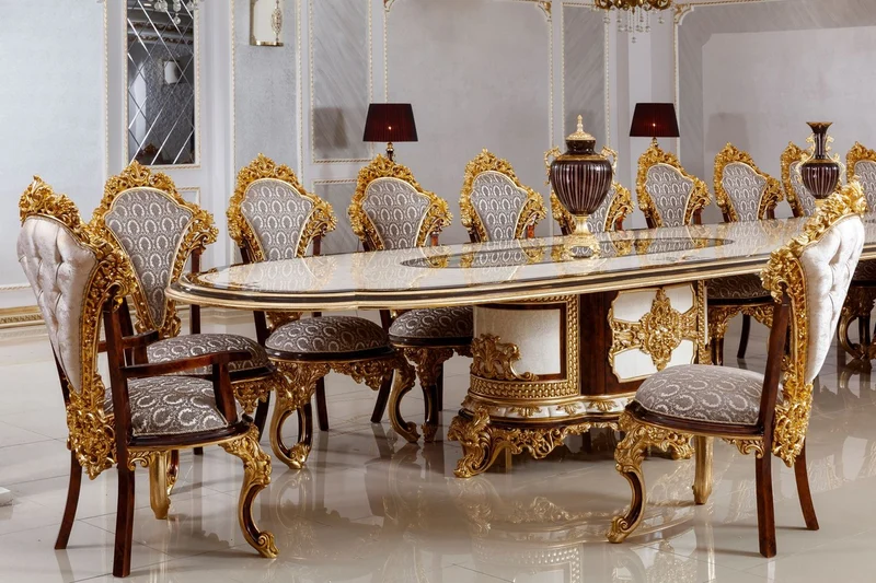 Casa Padrino Luxus Barock Esszimmer Set Weiß / Braun / Grau / Gold - 1 Barock Esstisch & 22 Barock Esszimmerstühle - Hotel Möbel - Schloss Möbel - Palast Möbel - Luxus Möbel im Barockstil