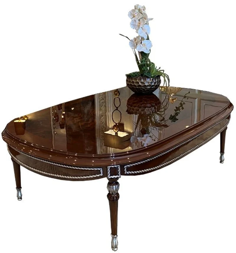 Casa Padrino Luxus Barock Couchtisch Braun / Silber 144 x 92 x H. 45 cm - Ovaler Massivholz Wohnzimmertisch - Edle Barock Wohnzimmer Möbel
