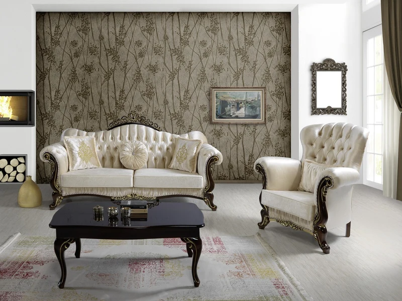 Casa Padrino Barock Wohnzimmer Set Champagnerfarben / Schwarz / Gold - 2 Sofas & 2 Sessel & 1 Couchtisch - Wohnzimmer Möbel - Edel & Prunkvoll