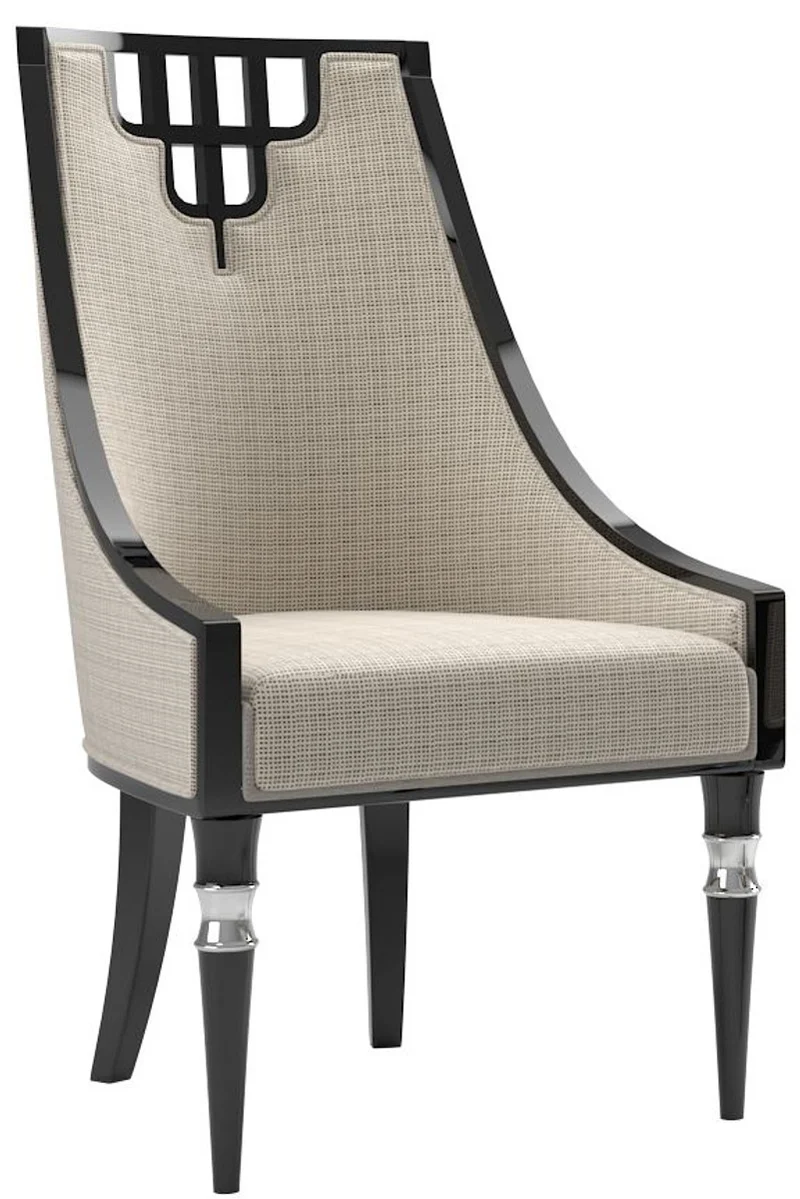 Casa Padrino Luxus Art Deco Esszimmer Stuhl Set Beige / Schwarz / Silber 55 x 55 x H. 105 cm - Edles Küchen Stühle 6er Set - Art Deco Esszimmer Möbel