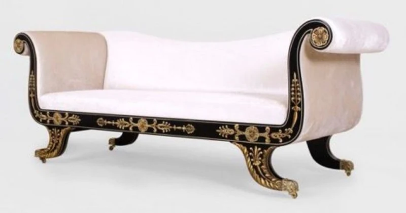 Casa Padrino Luxus Barock Sofa Weiß / Schwarz / Gold - Prunkvolles Wohnzimmer Sofa mit Rollen - Barockstil Wohnzimmer Möbel - Luxus Möbel im Barockstil - Barock Wohnzimmer Einrichtung