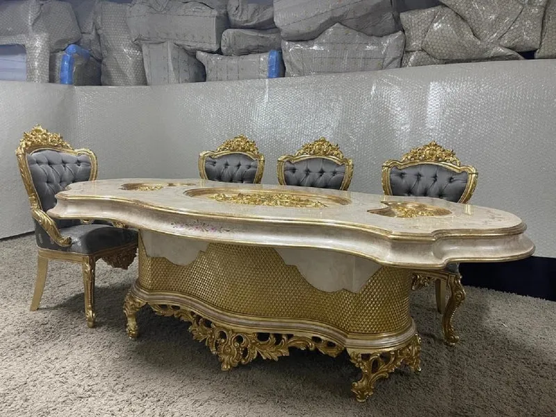Casa Padrino Luxus Barock Esszimmer Set Mehrfarbig / Grau / Gold - 1 Barock Esstisch & 8 Barock Esszimmerstühle - Barock Esszimmer Möbel - Luxus Esszimmer Möbel im Barockstil - Edel & Prunkvoll
