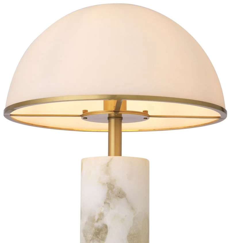 Casa Padrino Luxus Tischleuchte Alabaster / Antik Messingfarben / Weiß Ø 39,5 x H. 65 cm - Moderne Alabaster Schreibtschleuchte mit Glas Lampenschirm - Luxus Kollektion