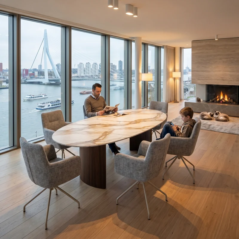 Keramische eettafel Calacatta Hermitage - Deens Rond - Half Moon Eiken
