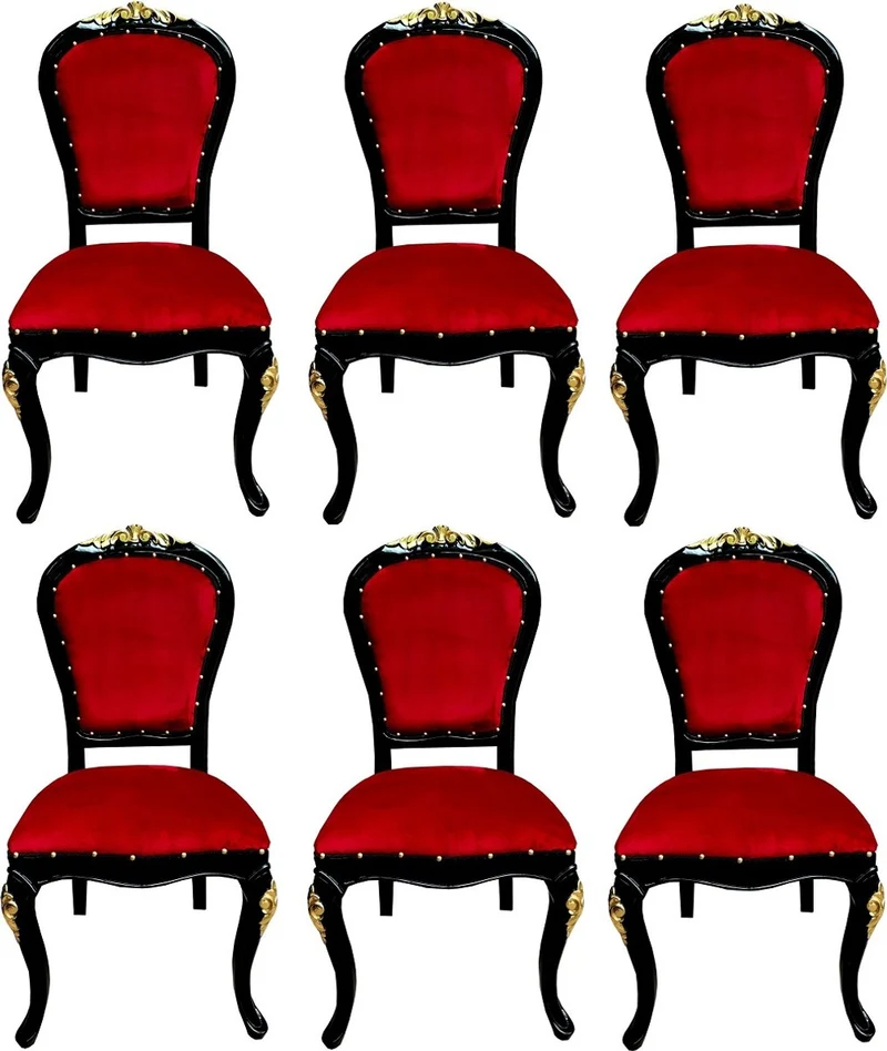 Casa Padrino Luxus Barock Esszimmer Set Bordeauxrot / Schwarz / Gold 50 x 50 x H. 110 cm - 6 handgefertigte Massivholz Esszimmerstühle mit Samtstoff - Barock Esszimmermöbel