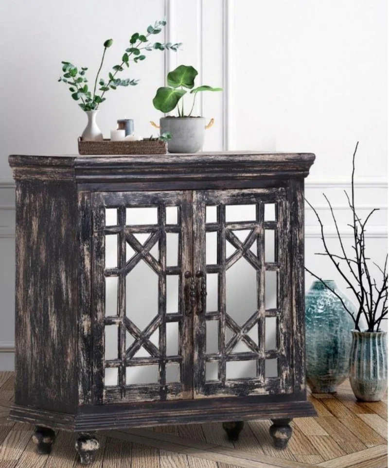 Casa Padrino Landhausstil Schrank Vintage Schwarz 90 x 43 x H. 100 cm - Massivholz Schrank mit 2 verspiegelten Türen - Landhausstil Möbel