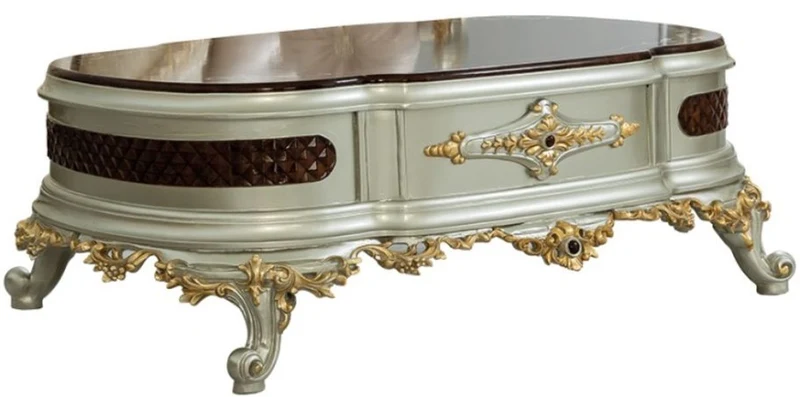 Casa Padrino Luxus Barock Couchtisch Dunkelbraun / Silber / Gold 132 x 95 x H. 50 cm - Prunkvoller Massivholz Wohnzimmertisch - Barock Möbel
