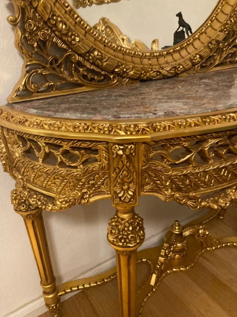 Casa Padrino Barock Spiegelkonsole mit Marmorplatte Gold / Grau - Prunkvolle Barock Konsole mit Spiegel - Garderoben Möbel Barockstil - Barock Möbel - Antik Stil Möbel - Edel & Prunkvoll