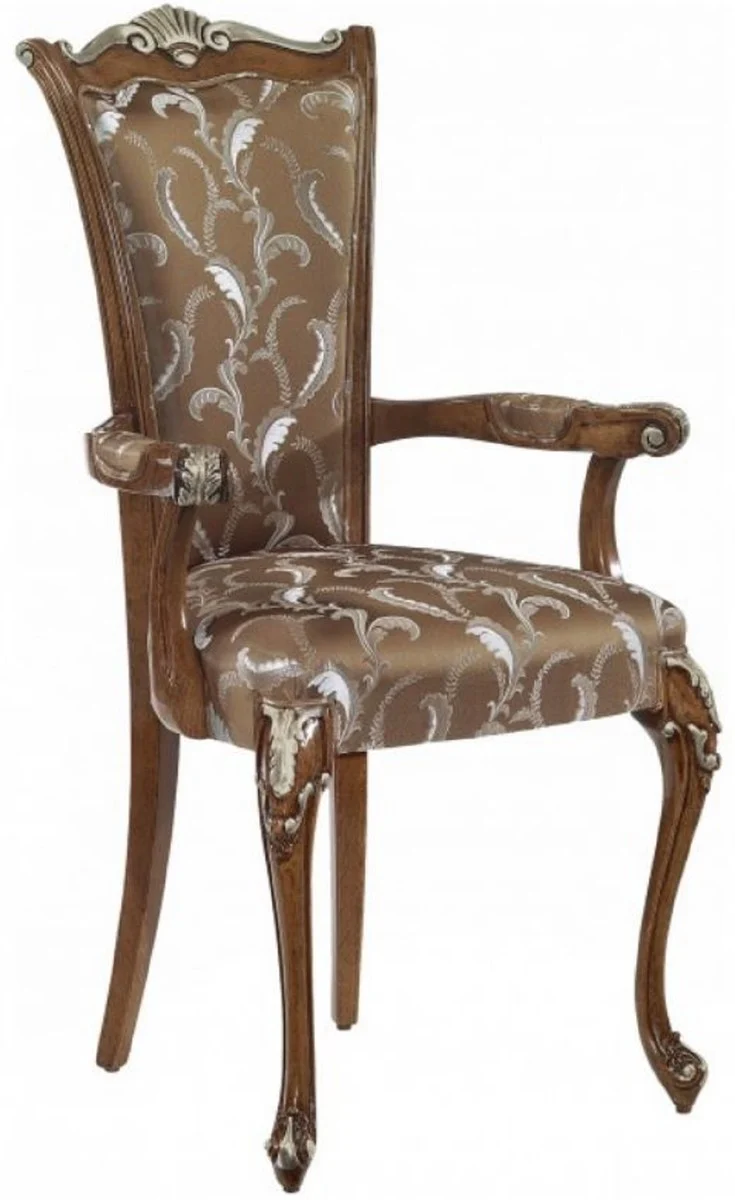Casa Padrino Luxus Barock Esszimmerstuhl Set Braun / Weiß / Silber - Handgefertigtes Küchen Stühle 6er Set mit Armlehnen - Barock Esszimmer Möbel - Luxus Qualität - Made in Italy