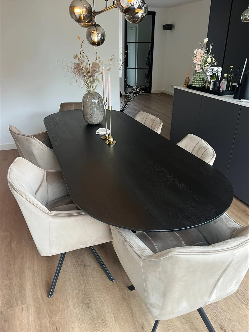 HPL eettafel Concrete Gray - Deens Ovaal Recht - V eiken - Japandi