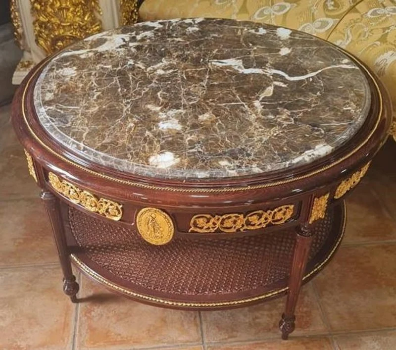Casa Padrino Barock Couchtisch mit Marmorplatte Braun / Gold / Grau - Runder Massivholz Wohnzimmertisch im Barockstil - Barockstil Wohnzimmer Möbel - Barock Möbel - Antik Stil Wohnzimmer Möbel