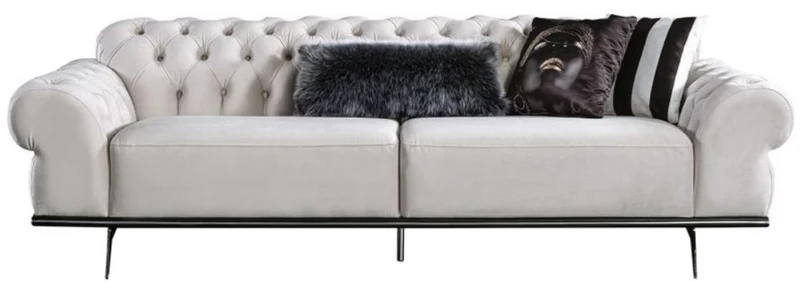 Casa Padrino Luxus Art Deco Chesterfield Wohnzimmer Sofa Cremefarben / Silber 240 x 95 x H. 63 cm - Luxus Wohnzimmer Möbel