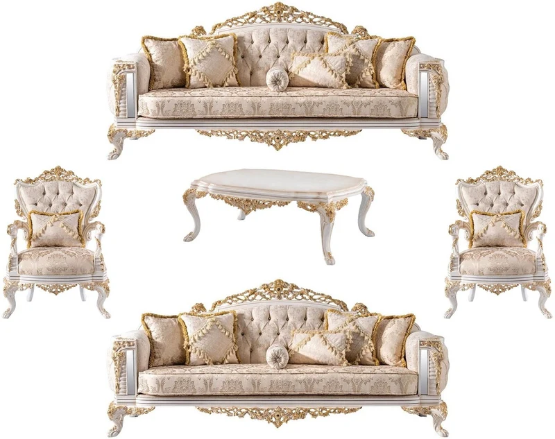 Casa Padrino Luxus Barock Wohnzimmer Set Beige / Weiß / Gold - 2 Barock Sofas & 2 Barock Sessel & 1 Barock Couchtisch - Luxus Wohnzimmer Möbel im Barockstil - Barock Möbel - Edel & Prunkvoll