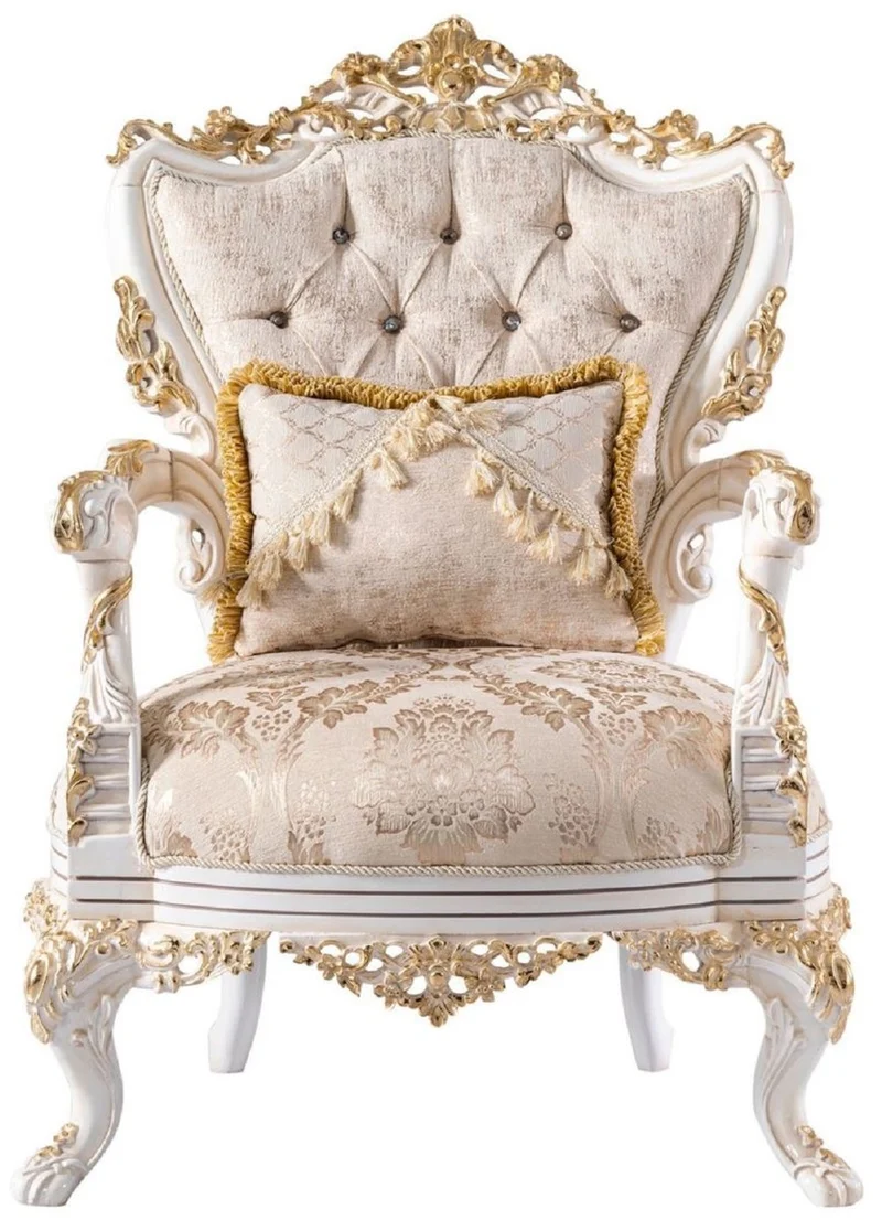Casa Padrino Luxus Barock Wohnzimmer Set Beige / Weiß / Gold - 2 Barock Sofas & 2 Barock Sessel & 1 Barock Couchtisch - Luxus Wohnzimmer Möbel im Barockstil - Barock Möbel - Edel & Prunkvoll