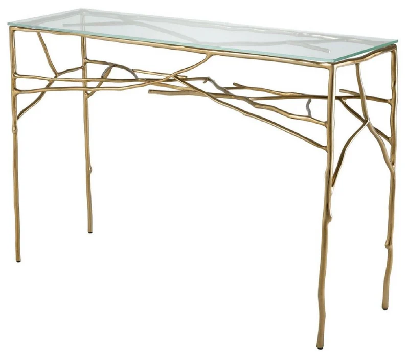 Casa Padrino Luxus Konsolentisch Gold 118 x 34,5 x H. 78,5 cm - Konsole mit Glasplatte - Luxus Möbel