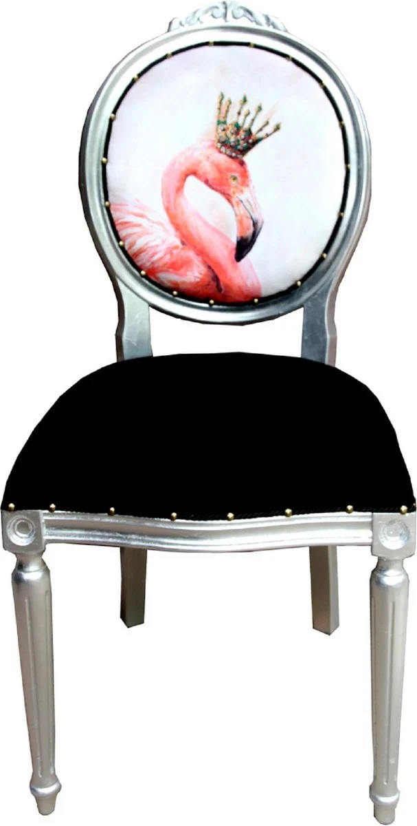 Casa Padrino Luxus Barock Esszimmer Set Flamingo mit Krone Schwarz / Mehrfarbig / Silber 48 x 50 x H. 98 cm - 6 handgefertigte Esszimmerstühle mit Bling Bling Glitzersteinen - Barock Esszimmermöbel
