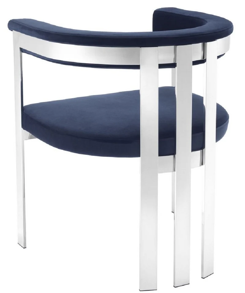 Casa Padrino Luxus Esszimmerstuhl mit Armlehnen Mitternachtsblau / Silber 61 x 56 x H. 73 cm - Edelstahl Küchenstuhl mit edlem Samtstoff - Luxus Küchenmöbel