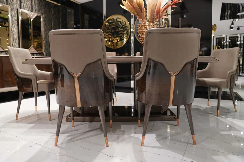 Casa Padrino Luxus Esszimmer Set Dunkelbraun / Grau / Kupfer - 1 Luxus Esstisch & 6 Luxus Esszimmerstühle - Esszimmer Möbel - Luxus Möbel - Luxus Einrichtung - Esszimmer Einrichtung
