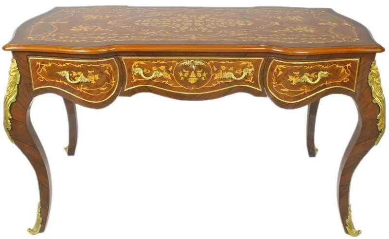 Casa Padrino Barock Schreibtisch Braun / Gold 160 x 70 x H. 80 cm - Handgefertigter Massivholz Bürotisch mit 3 Schubladen und massiven Metallapplikationen - Barock Büro Möbel