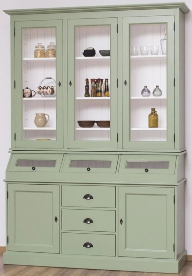 Casa Padrino Landhausstil Küchenschrank Hellgrün / Weiß 164 x 50 x H. 226 cm - 2-teiliger Massivholz Esszimmer Schrank - Landhausstil Esszimmer Möbel