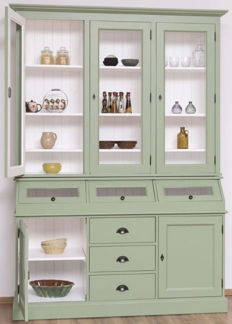 Casa Padrino Landhausstil Küchenschrank Hellgrün / Weiß 164 x 50 x H. 226 cm - 2-teiliger Massivholz Esszimmer Schrank - Landhausstil Esszimmer Möbel