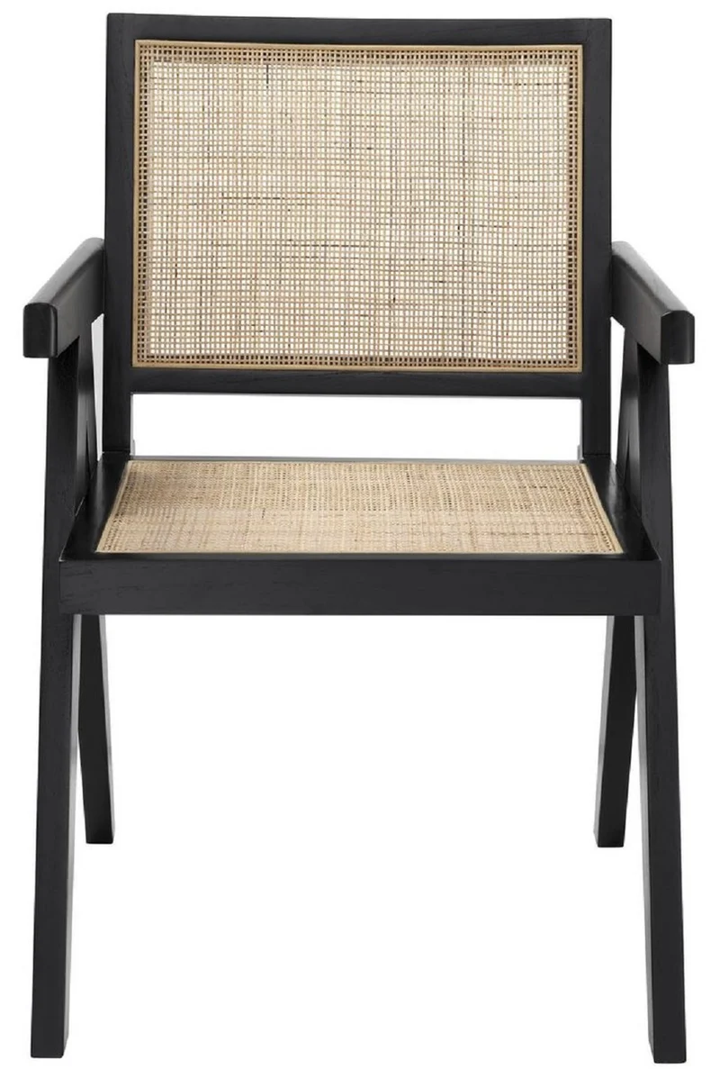 Casa Padrino Luxus Esszimmerstuhl Schwarz / Naturfarben 57 x 65,5 x H. 90 cm - Massivholz Stuhl mit Armlehnen und handgewebtem Rattangeflecht - Luxus Esszimmer Möbel
