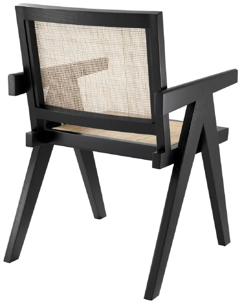 Casa Padrino Luxus Esszimmerstuhl Schwarz / Naturfarben 57 x 65,5 x H. 90 cm - Massivholz Stuhl mit Armlehnen und handgewebtem Rattangeflecht - Luxus Esszimmer Möbel