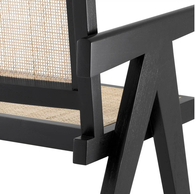 Casa Padrino Luxus Esszimmerstuhl Schwarz / Naturfarben 57 x 65,5 x H. 90 cm - Massivholz Stuhl mit Armlehnen und handgewebtem Rattangeflecht - Luxus Esszimmer Möbel