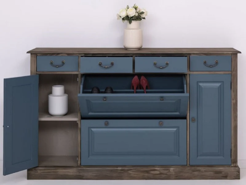 Casa Padrino Landhausstil Kommode Blau / Schwarz 176 x 35 x H. 105 cm - Massivholz Schrank mit 6 Schubladen und 2 Türen - Landhausstil Möbel - Möbel im Landhausstil - Landhausstil Einrichtung
