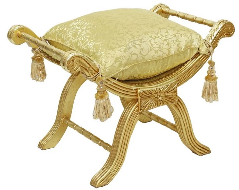Casa Padrino Barock Kreuzhocker mit Kissen Gold / Gold - Handgefertigter Sitzhocker im Barockstil - Antik Stil Hocker - Barock Möbel - Wohnzimmer Möbel im Barockstil - Antik Stil Möbel