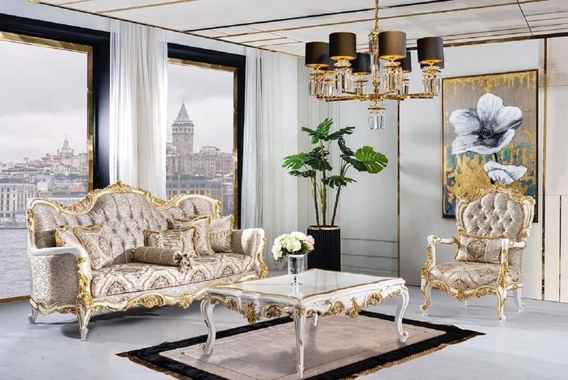 Casa Padrino Luxus Barock Wohnzimmer Set Silber / Beige / Schwarz / Weiß / Gold - 2 Barock Sofas & 2 Barock Sessel & 1 Barock Couchtisch - Luxus Wohnzimmer Möbel im Barockstil - Barock Möbel