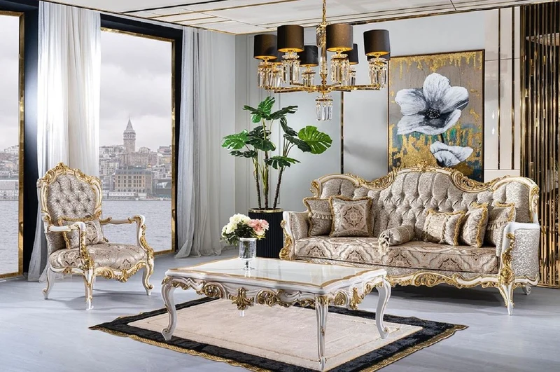 Casa Padrino Luxus Barock Wohnzimmer Set Silber / Beige / Schwarz / Weiß / Gold - 2 Barock Sofas & 2 Barock Sessel & 1 Barock Couchtisch - Luxus Wohnzimmer Möbel im Barockstil - Barock Möbel