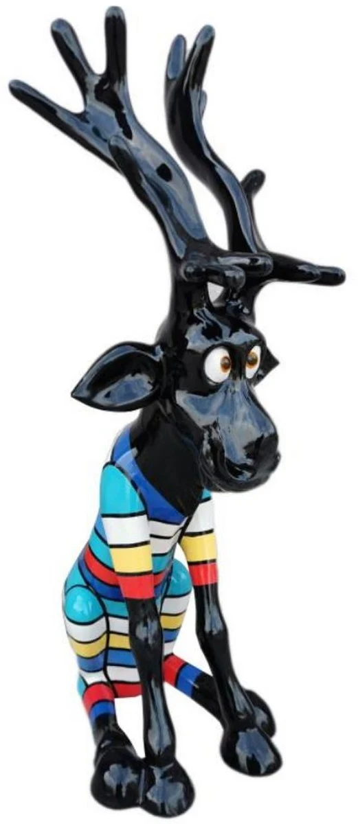 Casa Padrino Luxus Deko Skulptur Rentier Hirsch Schwarz / Mehrfarbig H. 100 cm - Große Deko Figur - XXL Deko Skulptur - XXL Deko Figur - Wohnzimmer Deko - Garten Deko - Luxus Deko XXL Figuren