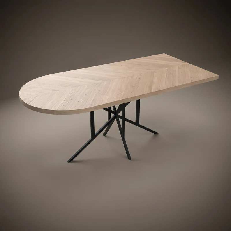 Visgraat eiken eettafel - Recht Rond - Matrix light Metaal