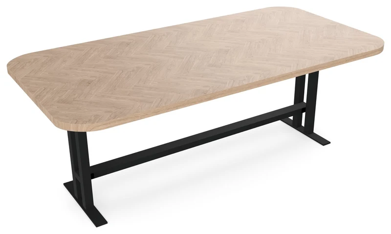 Visgraat eiken eettafel - Recht Radius - K onderstel metaal