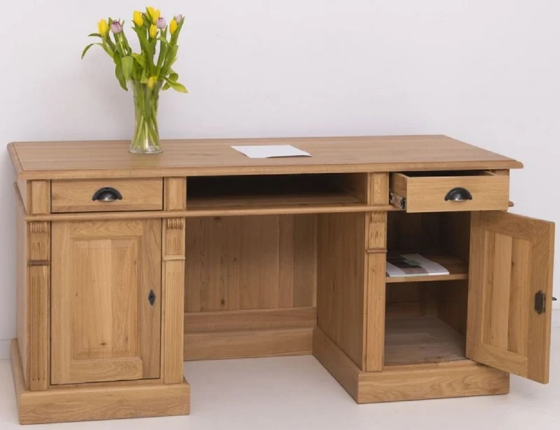 Casa Padrino Landhausstil Schreibtisch Naturfarben 160 x 70 x H. 78 cm - Massivholz Bürotisch mit 2 Türen und 2 Schubladen - Massivholz Möbel - Büro Möbel im Landhausstil - Landhausstil Möbel