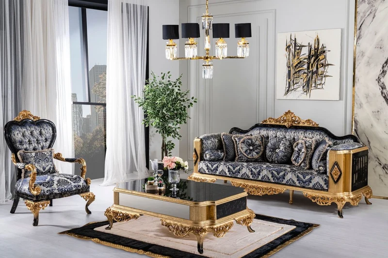 Casa Padrino Luxus Barock Wohnzimmer Set Blau / Schwarz / Gold - 2 Barock Sofas & 2 Barock Sessel & 1 Barock Couchtisch - Luxus Wohnzimmer Möbel im Barockstil - Barock Möbel - Edel & Prunkvoll