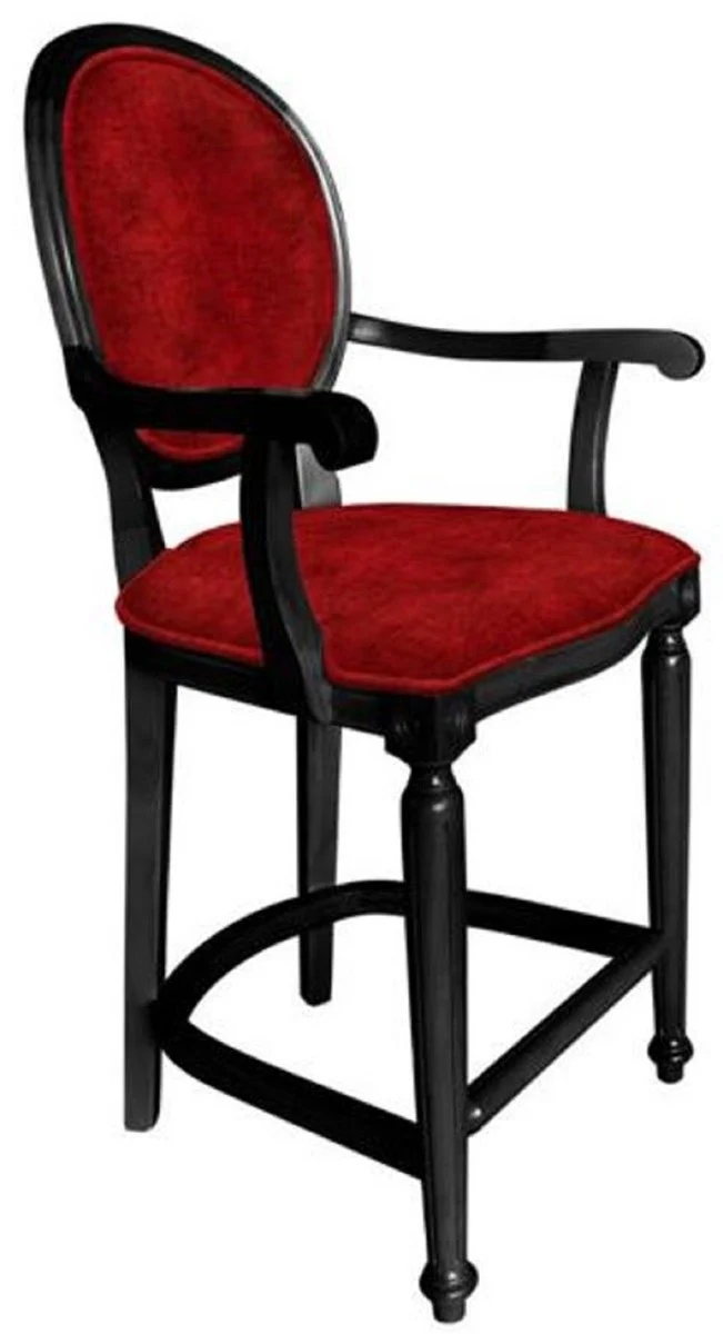 Casa Padrino Barock Barstuhl mit Armlehnen Bordeauxrot / Schwarz - Handgefertigter Antik Stil Barhocker - Barock Barmöbel