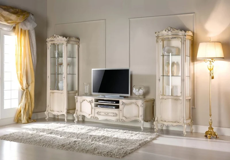 Casa Padrino Luxus Barock Wohnzimmer Set Cremefarben / Silber - 1 Barock TV Schrank & 2 Barock Vitrinen - Barock Wohnzimmer & Hotel Möbel - Luxus Qualität - Made in Italy